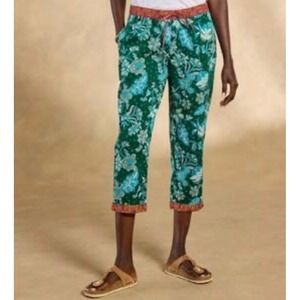 Sundance Green Floral Cotton Cropped Pants Elastic Waist Boho Women Size Large